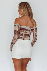 Ramona Long Sleeve Off-Shoulder Top Print Brown